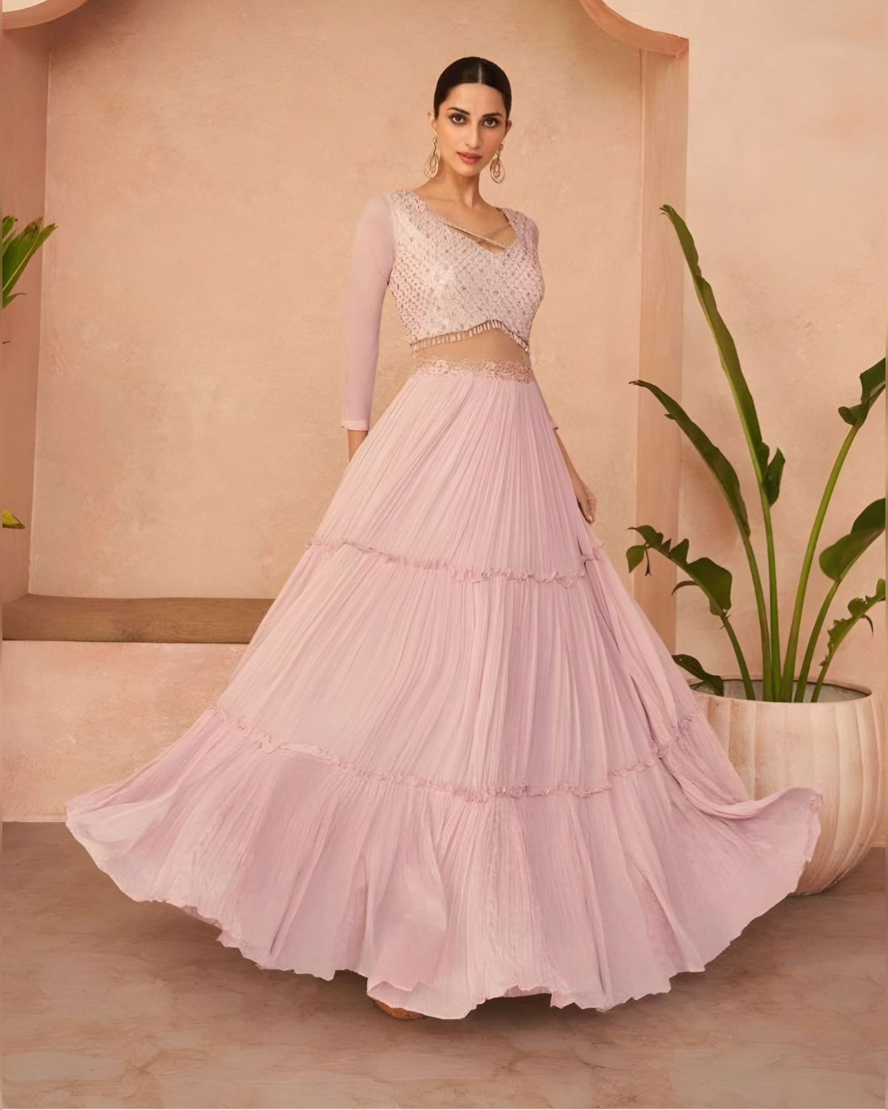 Pink Chinon Silk Indowestern Gown