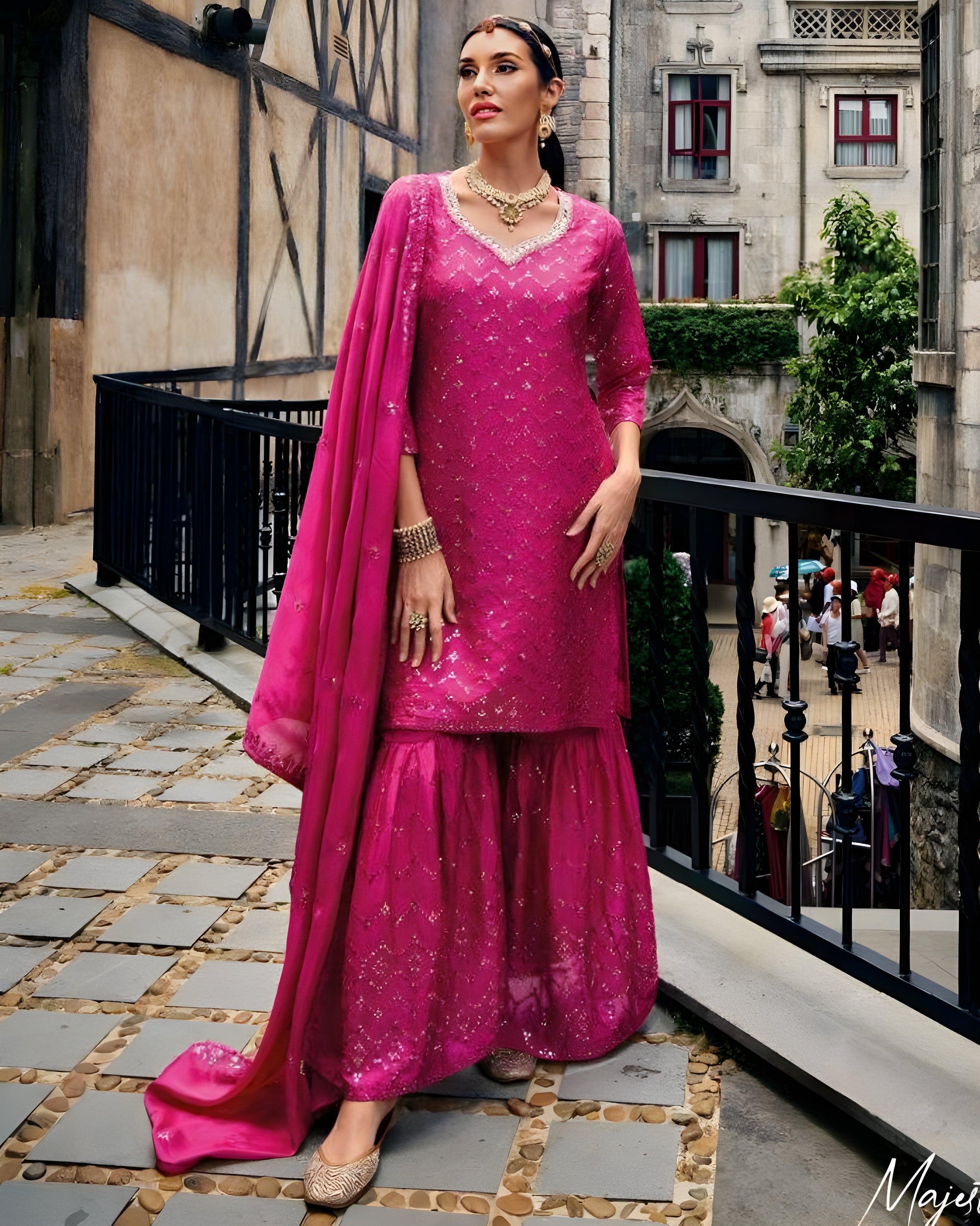 Pink Chinon Embroidered Sharara Suits - Sakhi Fashions