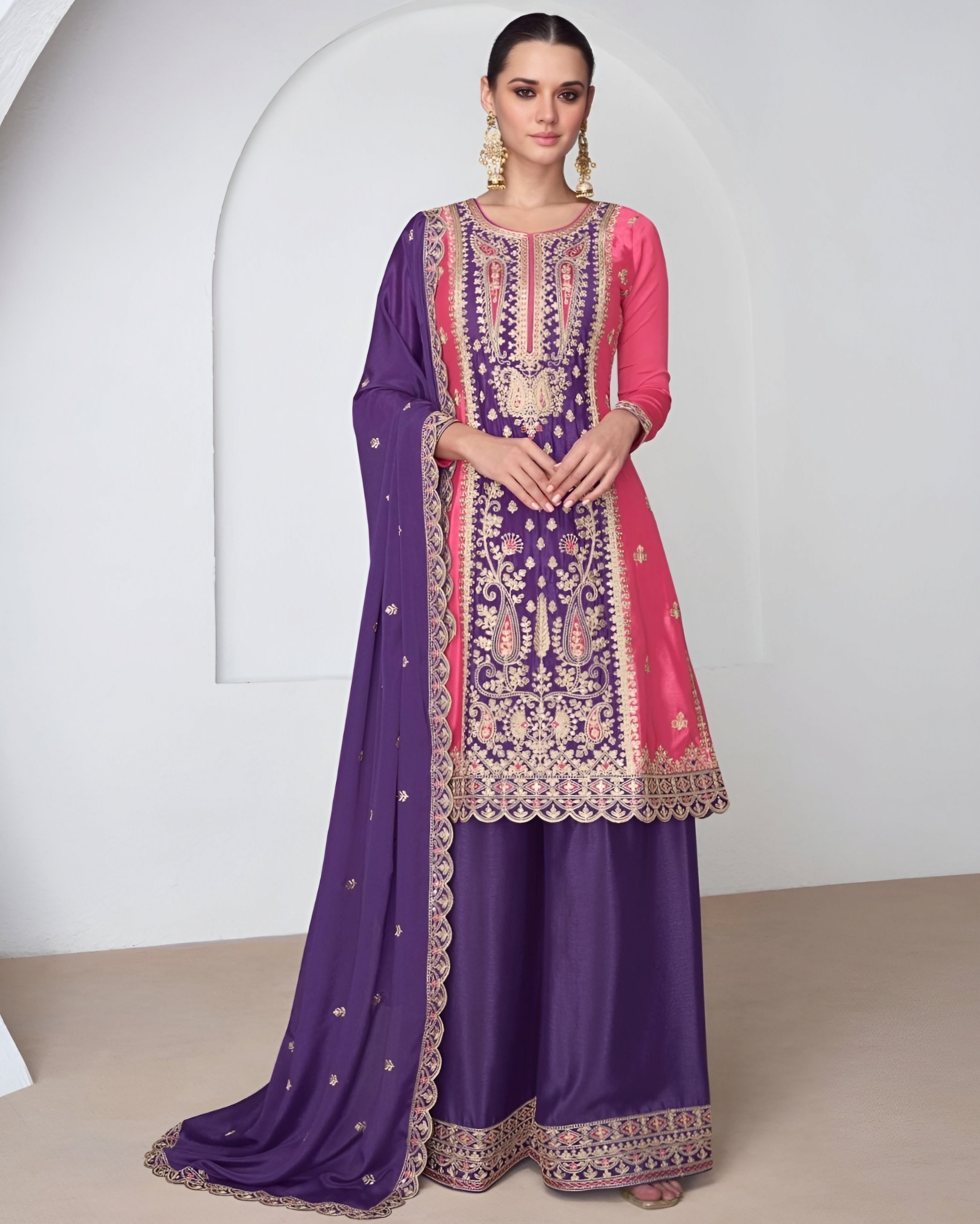 Pink and Purple Embroidered Palazzo