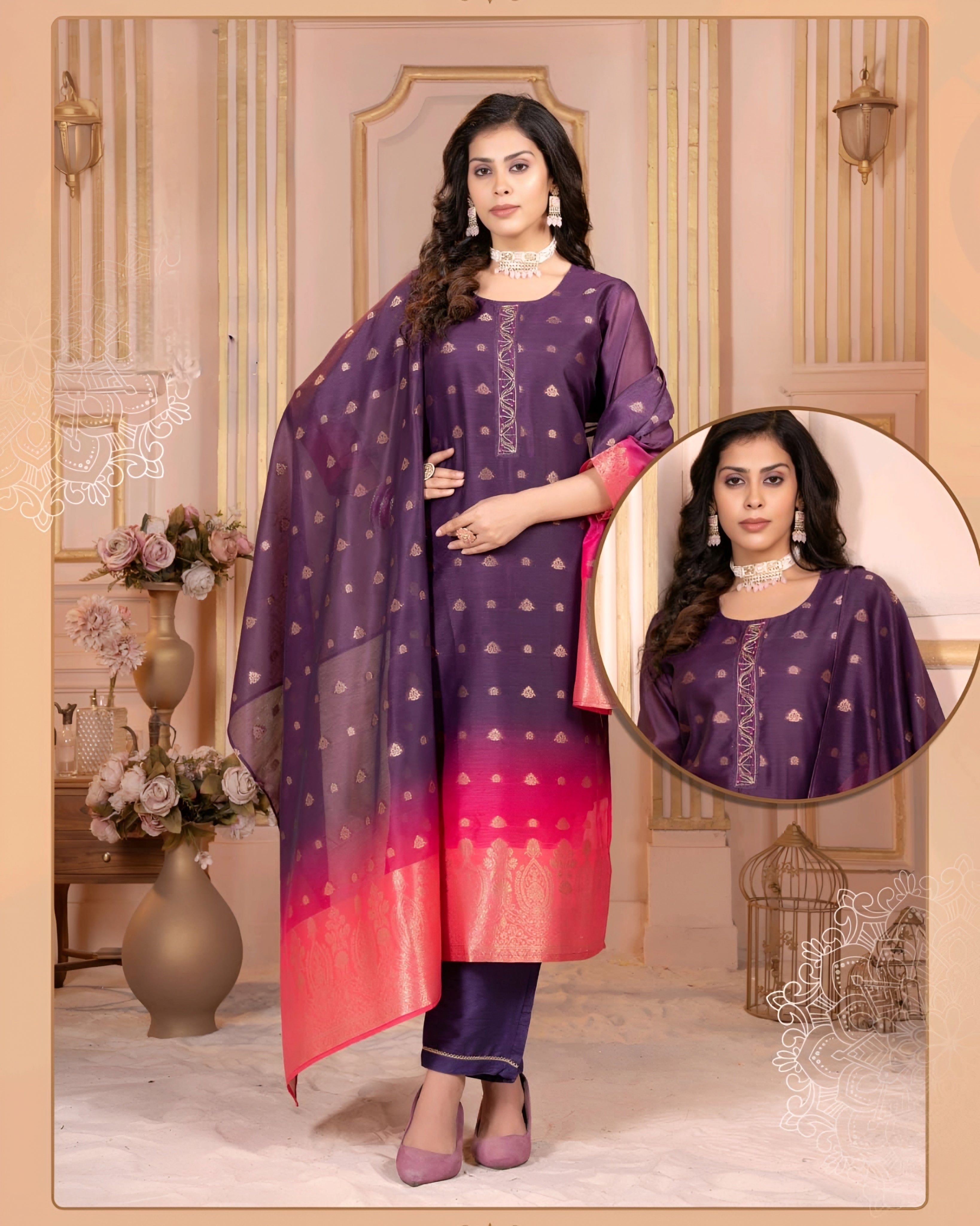 Purple Ombré Chanderi Jacquard Salwar Suit