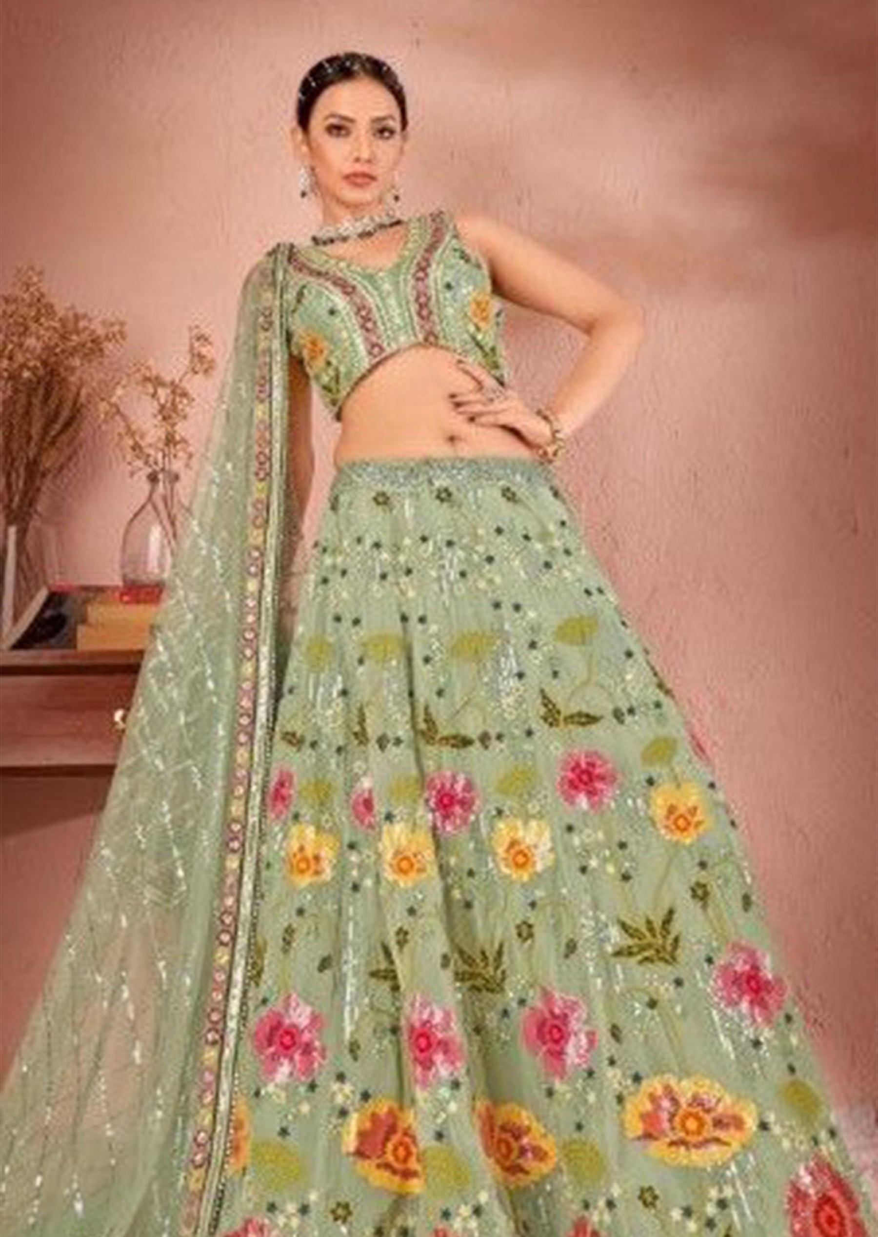 Buy Pink georgette sequence heavy flare lehenga choli at fealdeal.com