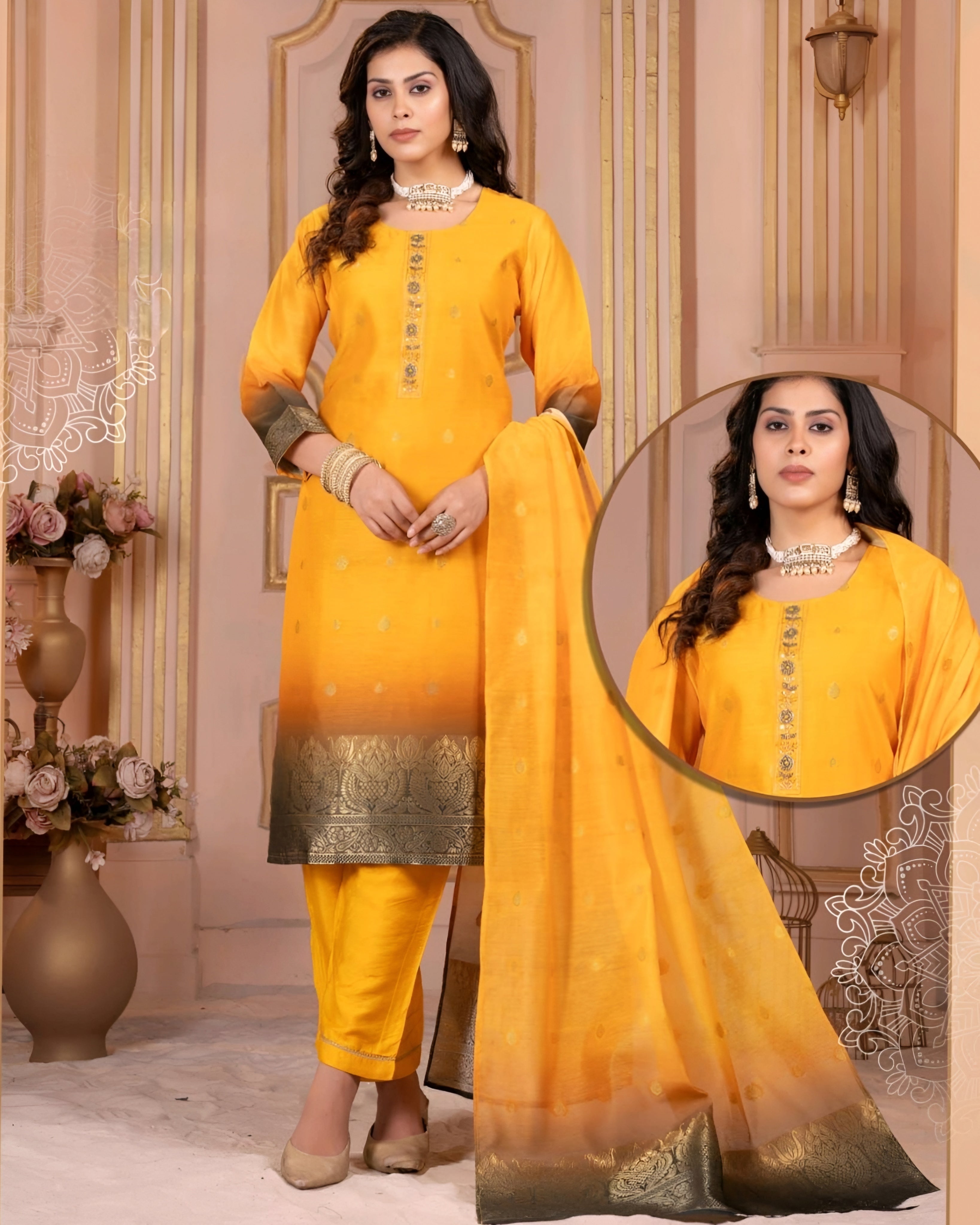 Yellow Ombré Chanderi Jacquard Salwar Suit