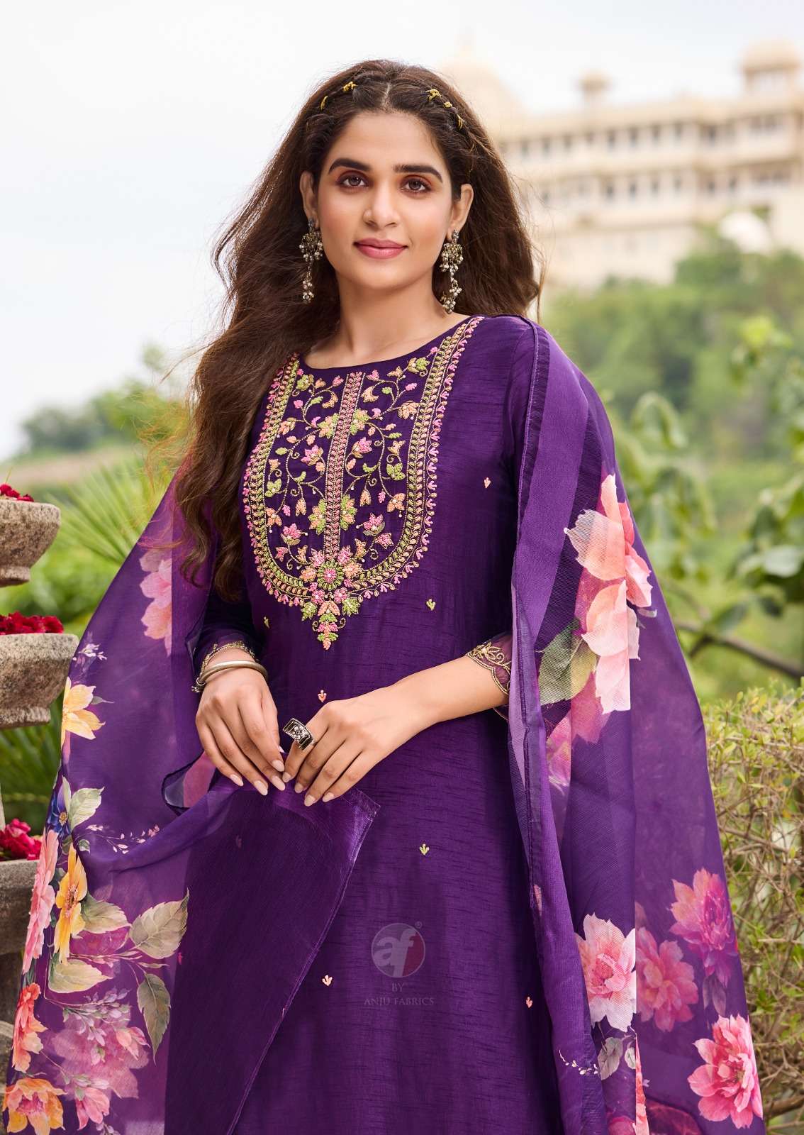 Rich purple  Silk Salwar Suit with Floral Organza Dupatta