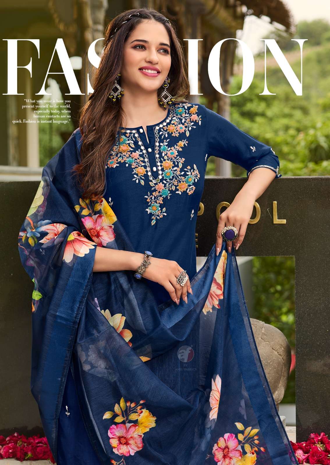 Deep Blue Silk Salwar Suit with Floral Organza Dupatta