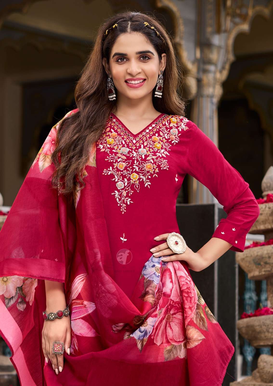 Deep Red Dola Silk Salwar Suits Plus