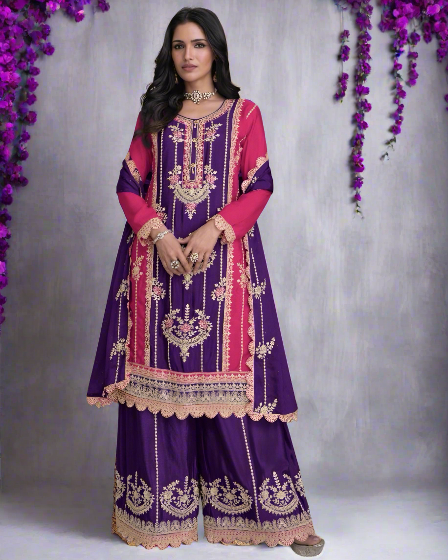 Real Chinon Silk Embroidered Palazzo Suits Violet