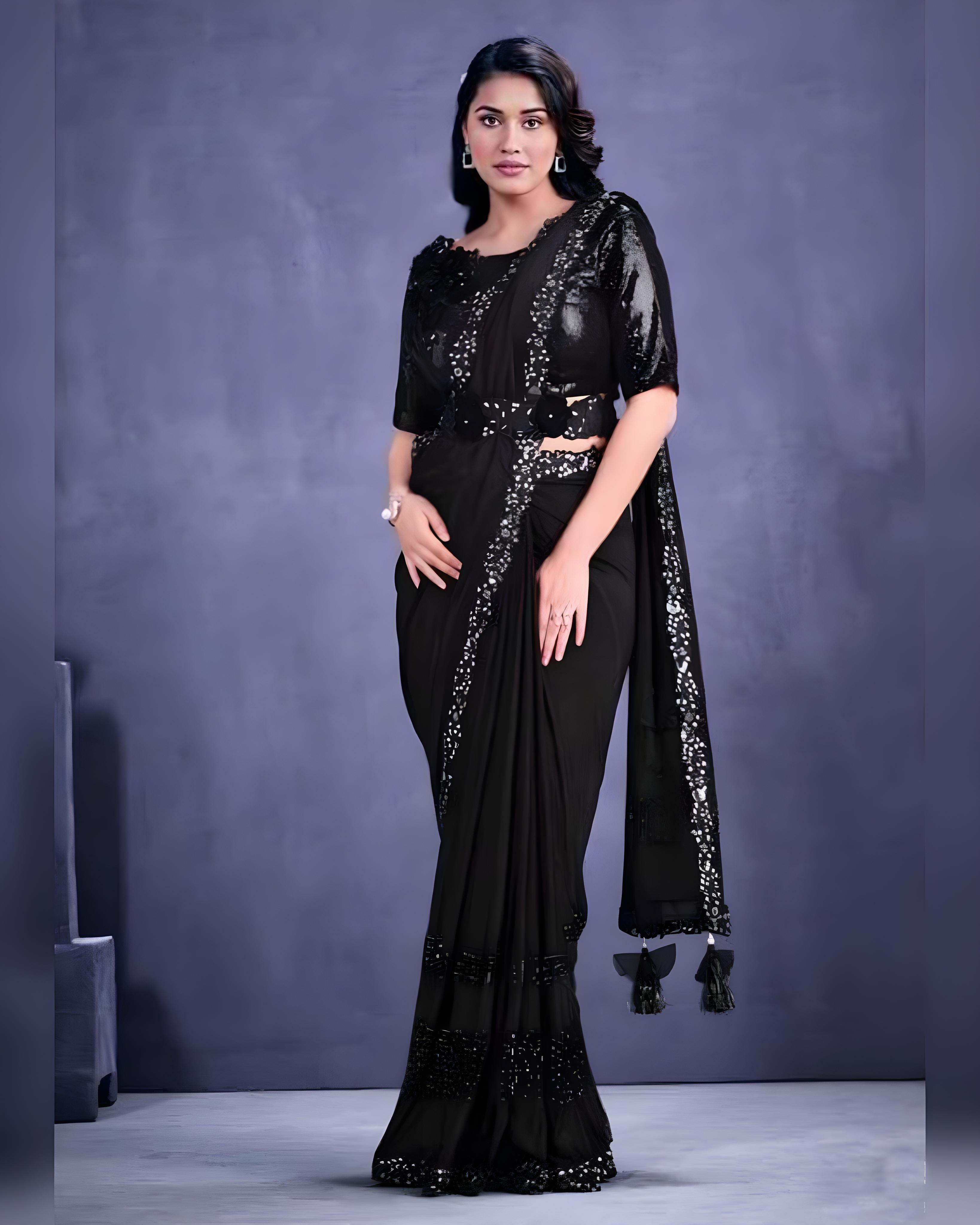 embroidered ready to wear Designer Saree black