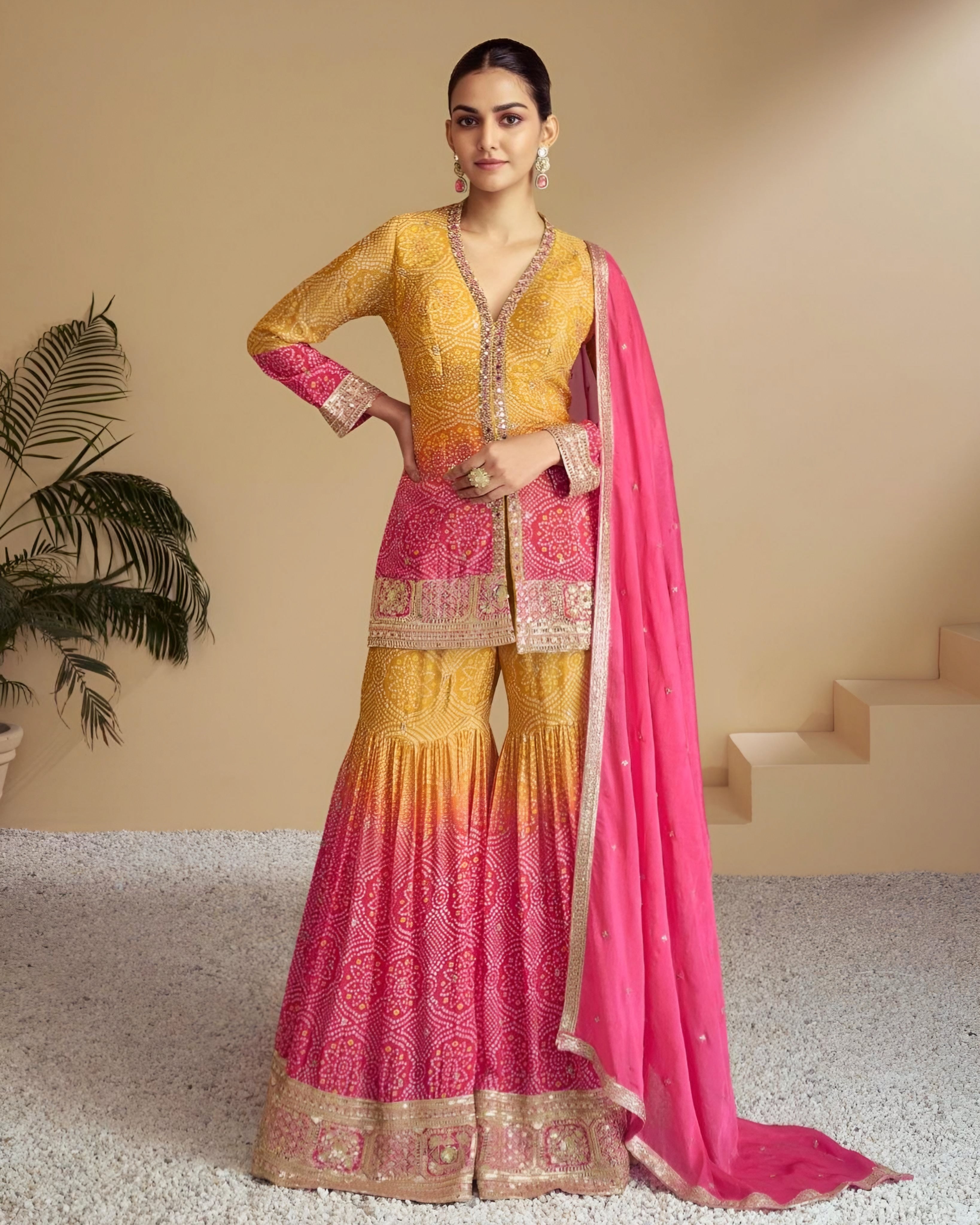 Front view of a yellow and pink Bandhani suit with embroidered long-sleeved kameez and wide-legged palazzo pants.